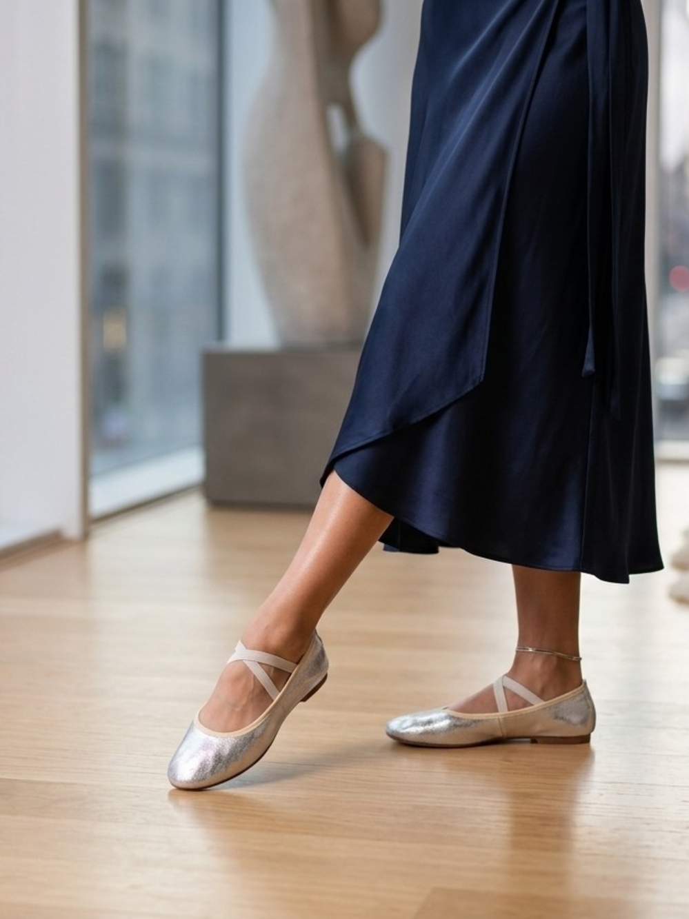 Women's Metallic Silver Ballet Flats with Crisscross Straps #177
